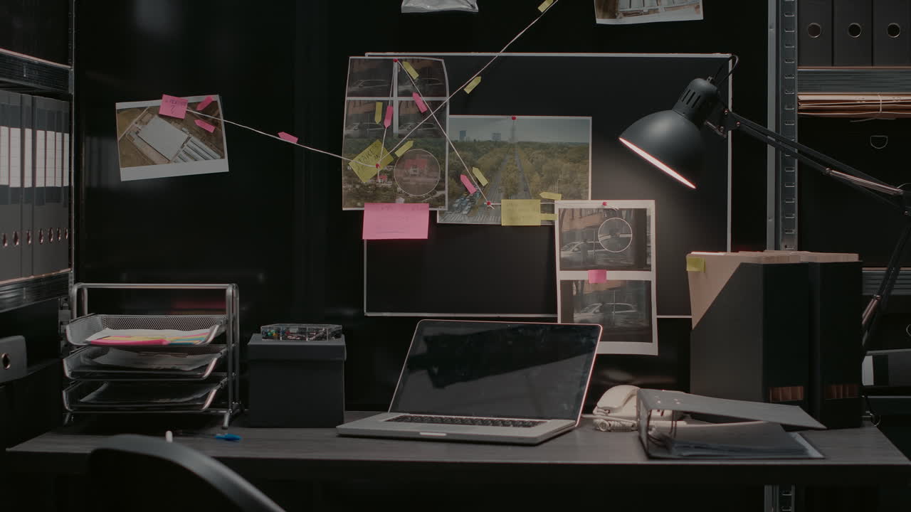 Investigation Desk with Laptop and Evidence