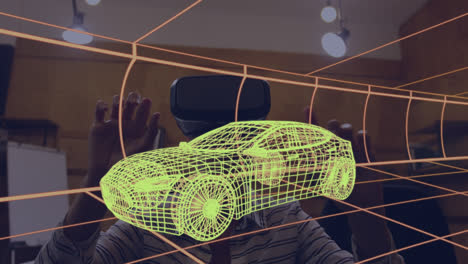 Animation-of-digital-3d-drawing-of-car-over-woman-using-vr-headset