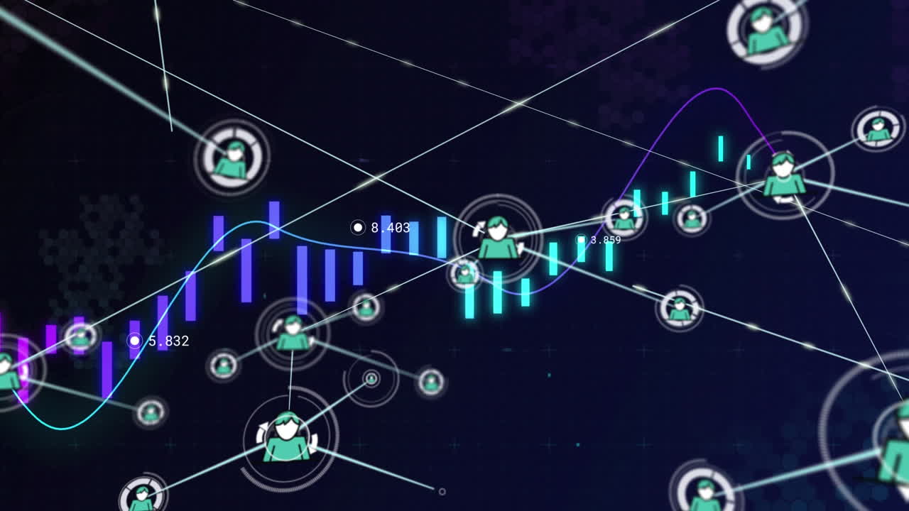 Animation of financial data processing over network of connections with icons