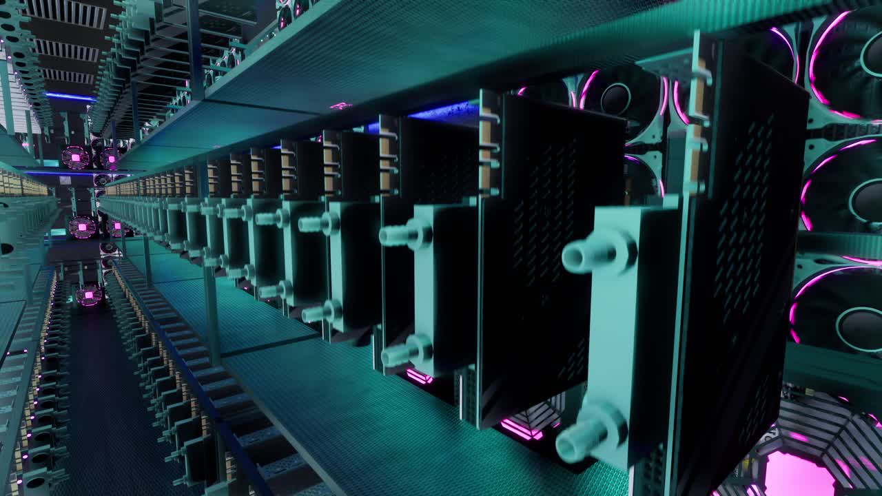 animación 3d de equipos de minería en bastidores de soporte minero criptomoneda en contenedor de acero. aplicación de tecnología blockchain específico centro de datos de circuitos integrados. luces de sala de servidores.