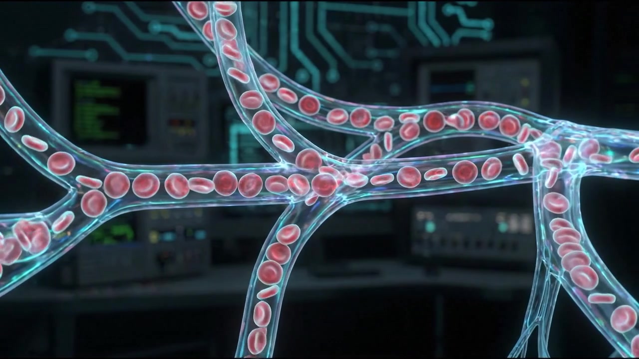 Red Blood Cells Flowing Through Veins in Medical Laboratory