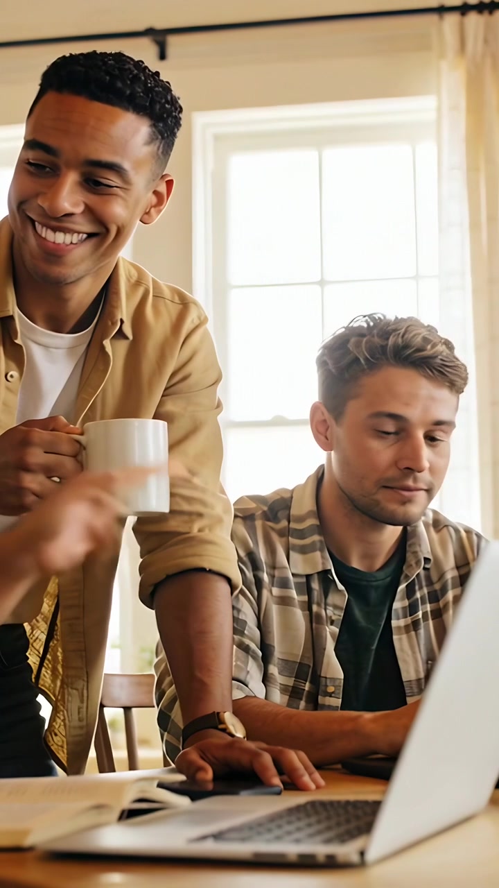 Vertical video: Leaning pair in shirts with mug, reviewing laptop at table as arm reaching trackpad