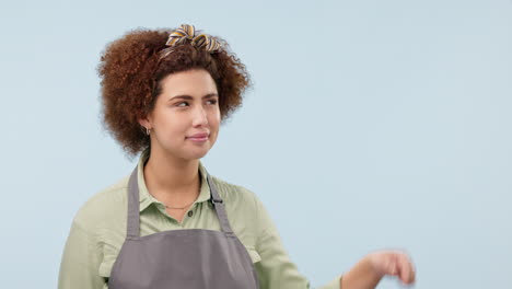 Barista,-pointing-and-face-of-woman-in-studio