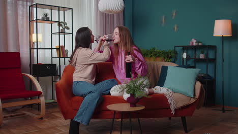 girls friends siblings clinking glasses of wine cheering, drinking, celebrate birthday home party