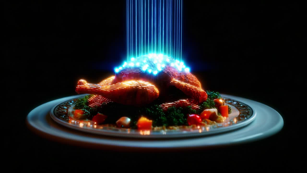 A Stunning Culinary Display: Vividly Rendered Roasted Chicken Surrounded by Garnishes and Enhanced with Mesmerizing Light Beams, Showcasing the Art of Modern Gastronomy and Technology Fusion
