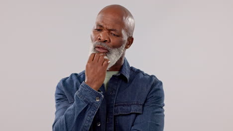 thinking, senior man and solution with confused