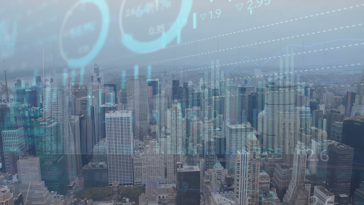 animación del procesamiento de datos estadísticos y bursátiles frente a una vista aérea del paisaje urbano