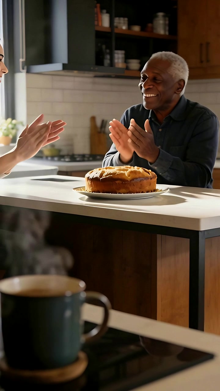 Vertical video: Placing woman placing cake in kitchen to celebrate, man clapping, mug