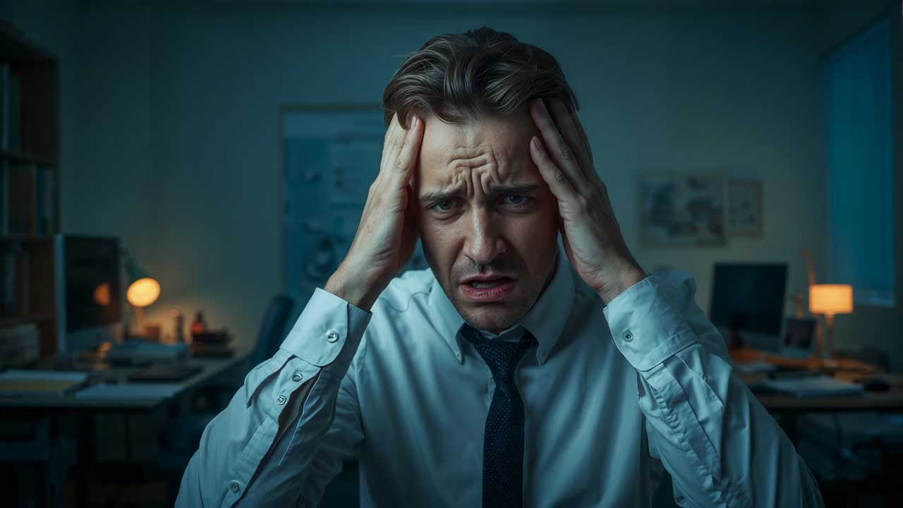 Pressing temples, man in white shirt, dark tie leaning at desk during late shift with monitors