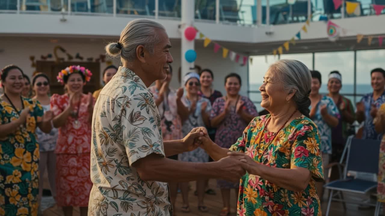 Joyful Celebration of Love and Togetherness: A Beautiful Dance Between Two Elders Surrounded by Friends and Family on a Scenic Ocean Cruise Deck