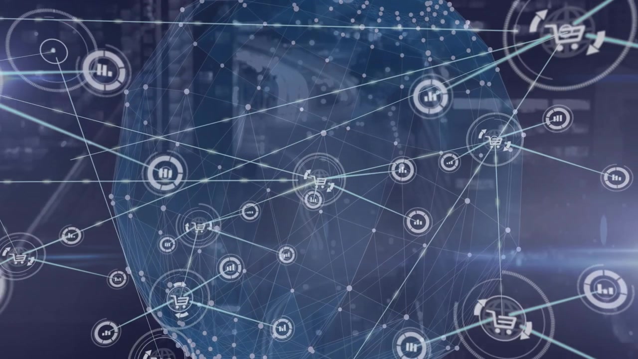 E-commerce network being animated with globe overlay connecting shopping cart and bar chart icons