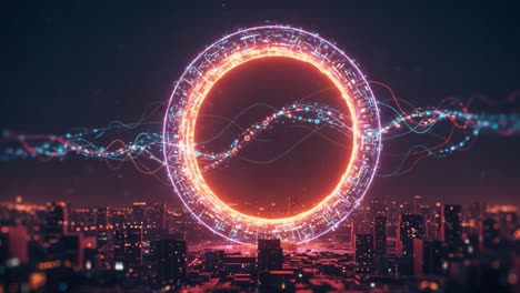 a stunning visual of a futuristic energy ring surrounded by vibrant city lights and dynamic waves of data in the night sky