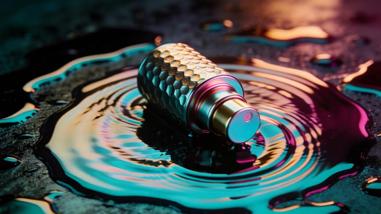 Atomizzatore in metallo che rotola su una lastra da studio, gocciolina che crea increspature in una pozzanghera, riflessi color verde acqua e magenta