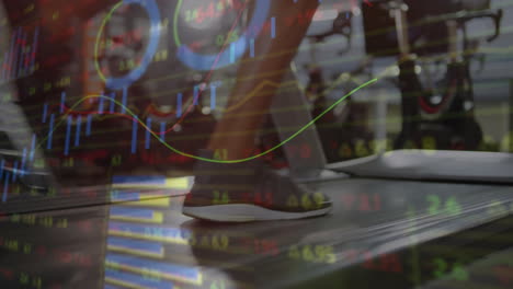 person running on treadmill with financial data graphs overlay animation
