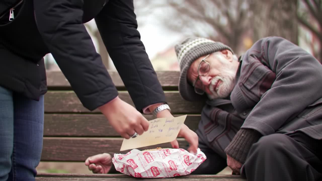 A caring stranger offers a warm meal to an elderly man sitting on a bench in a park. The winter atmosphere highlights the importance of compassion and generosity in tough times.