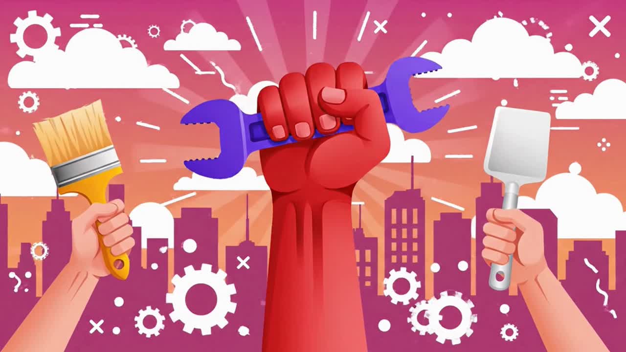 Animazione per la celebrazione della Giornata Internazionale dei Lavoratori con pugni alzati