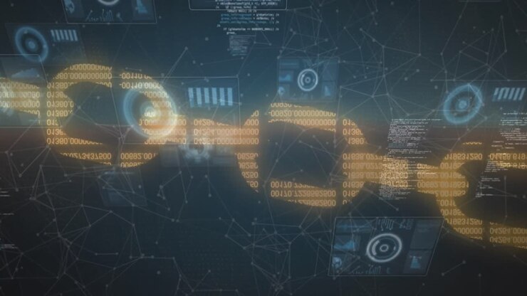 Animation of scopes scanning and network of connections over digital screen