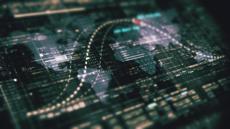 Advanced data matrix simulation UI with cutting-edge digital environment with a dynamic and immersive display of interconnected data matrix information networks systems background