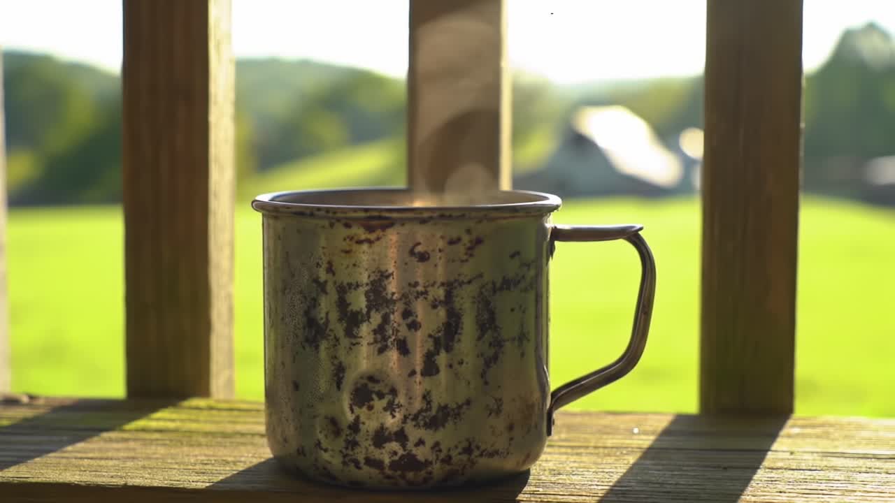 A Glimpse of Tranquility: A Vintage Metal Mug Filled with Steaming Beverage, Capturing the Essence of Nature and Relaxation at Dawn or Dusk