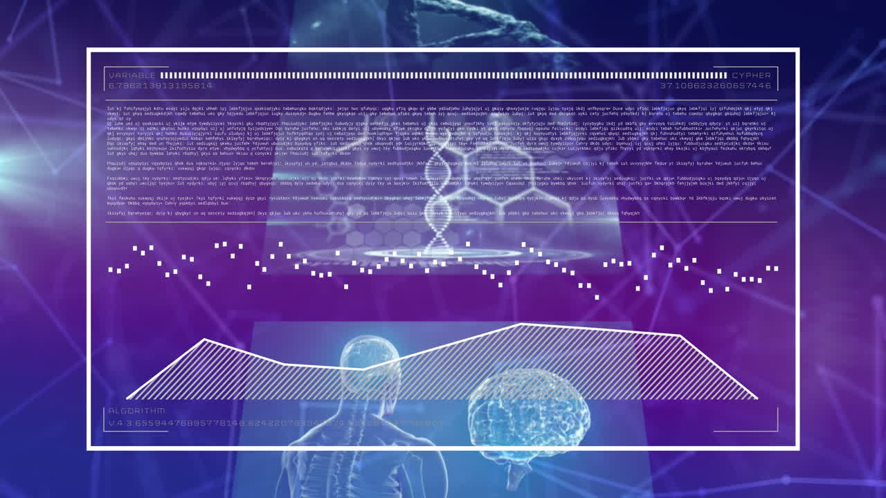 animación del procesamiento de datos científicos y el cerebro humano sobre pantallas