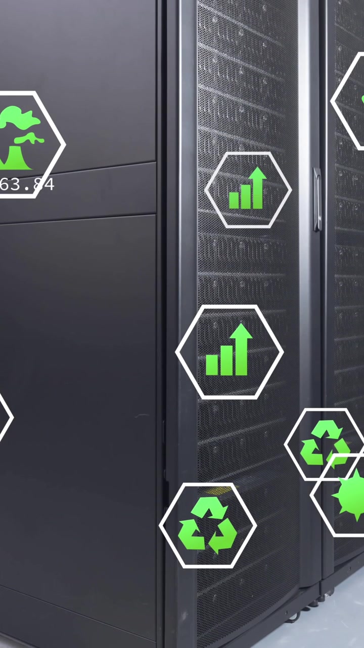 Animation of green technology icons and coding over data server room