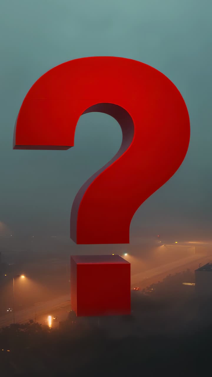 Vertical video: Pulling camera back showing full red question mark over roof with fog