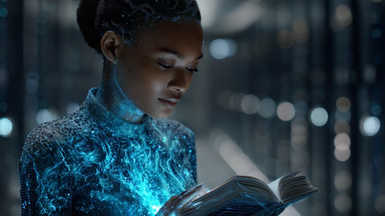A futuristic figure illuminated by ethereal light delves into the pages of a book, surrounded by a shimmering digital landscape of knowledge and discovery