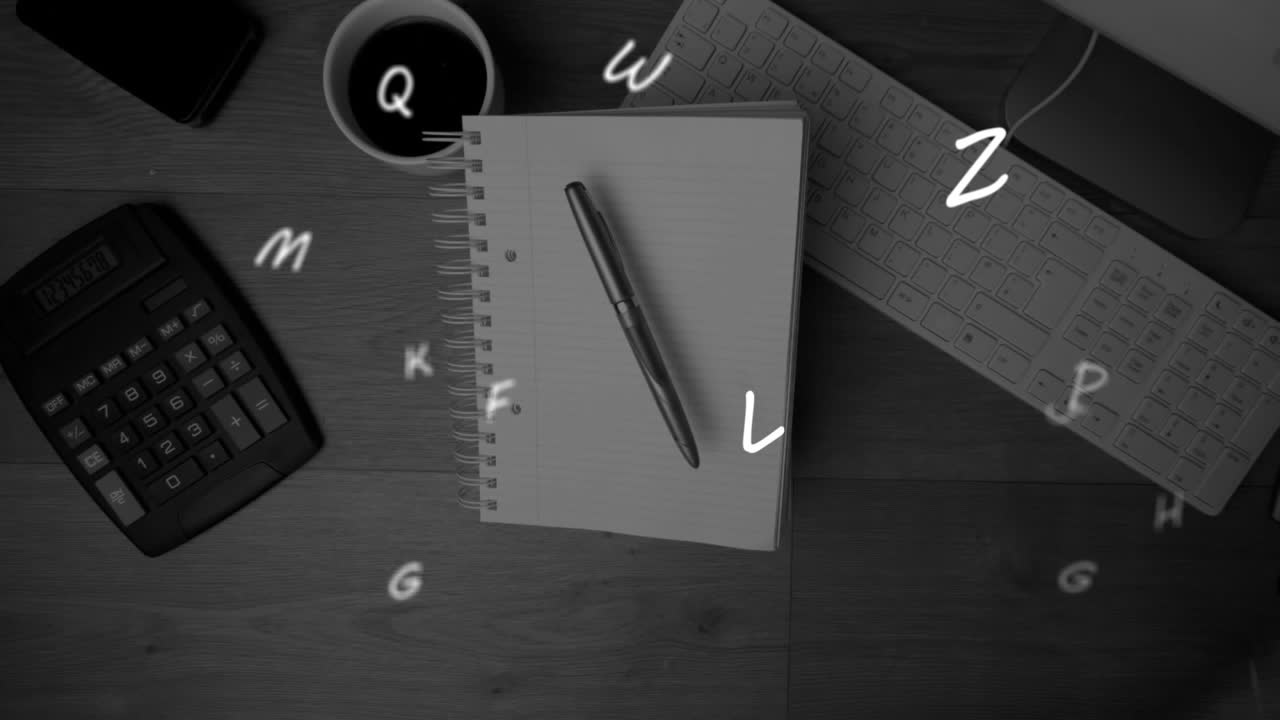 Animation of floating letters over notebook pen cup of coffee and calculator lying on desk
