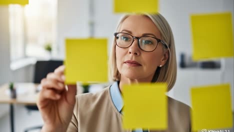 focused senior businesswoman brainstorming ideas on a glass wall with sticky notes