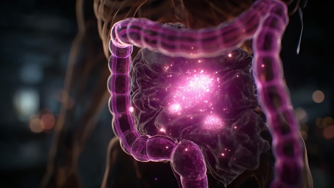A Stunning Visualization of the Human Intestinal Tract Highlighting the Vibrant Microbiome in Action with Dynamic Color Changes and Sparkling Particles