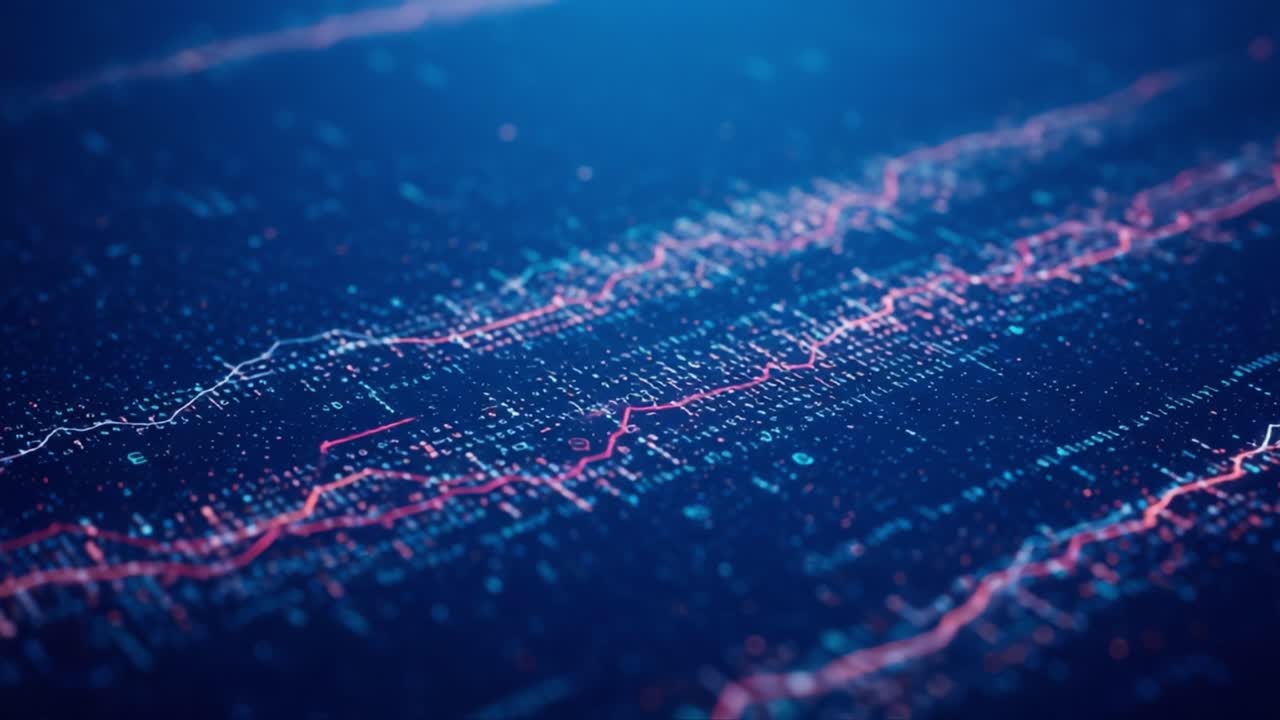 Abstract Visualization of Data Trends with Fluid Lines and Dots in a Dynamic Graph Showing Fluctuations and Movements in a Blue Background