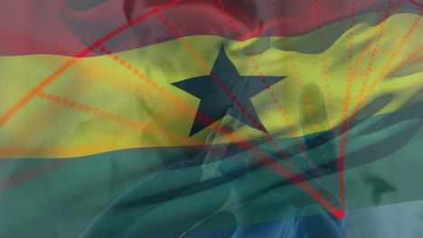 animation of flag of ghana waving over doctor wearing face mask and holding vaccine