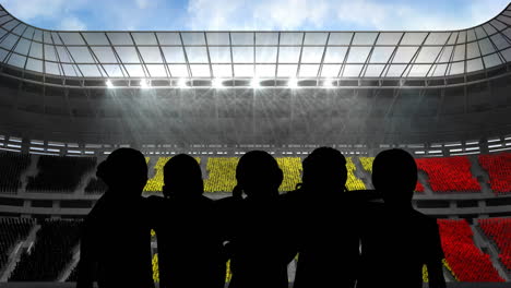 animation of silhouettes of team of sports women with belgian flag over sports stadium