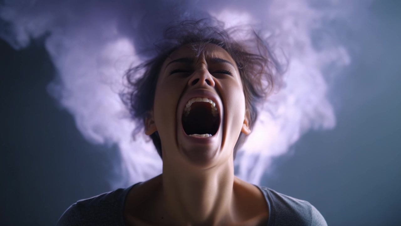 Una giovane donna in preda a uno sfogo emotivo, che esprime sentimenti intensi con i capelli scompigliati e fumo che si innalza drammaticamente intorno a lei, catturando la cruda emozione umana