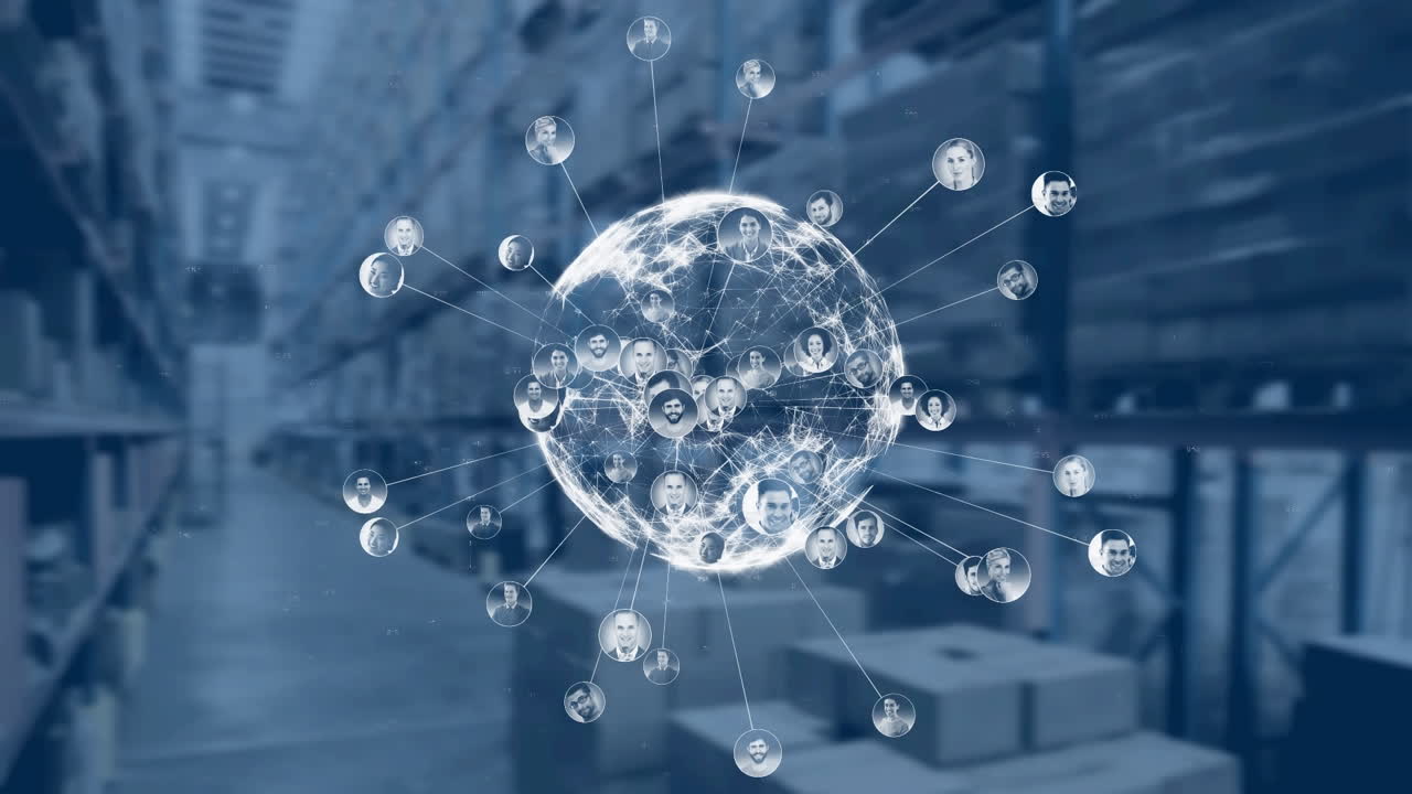 백그라운드의 창고에 대해 회전하는 프로파일 아이콘의 지구의 디지털 애니메이션