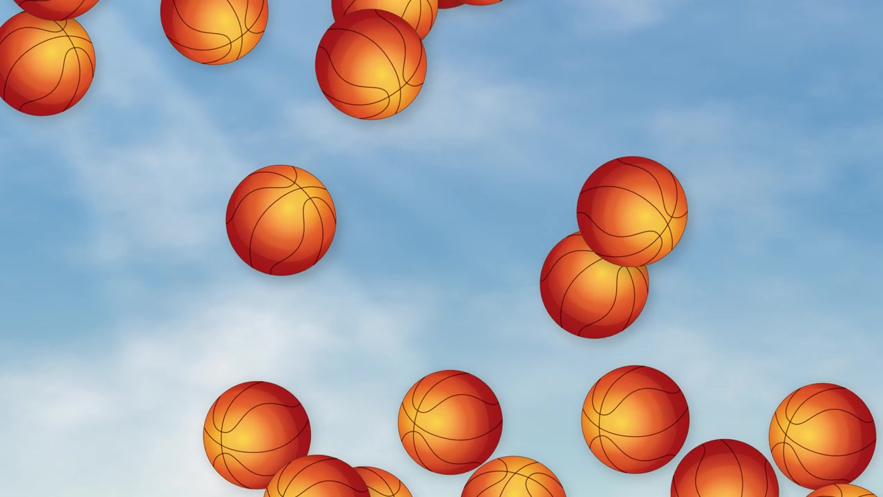 Bola basket oranye jatuh secara vertikal melalui langit biru cerah dengan awan putih lembut.