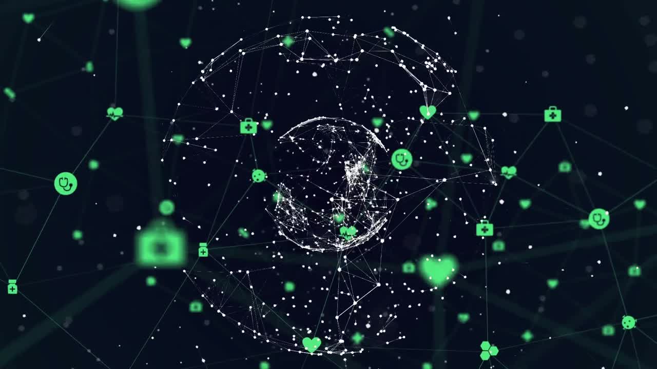 video compuesto digital de una red de conexiones con iconos que forman un globo contra un fondo negro