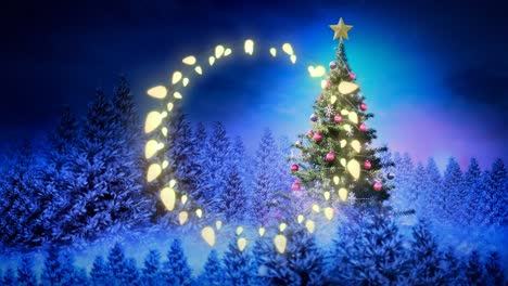 Animation-of-fairy-light-frame-with-copy-space-over-fir-trees-and-winter-scenery