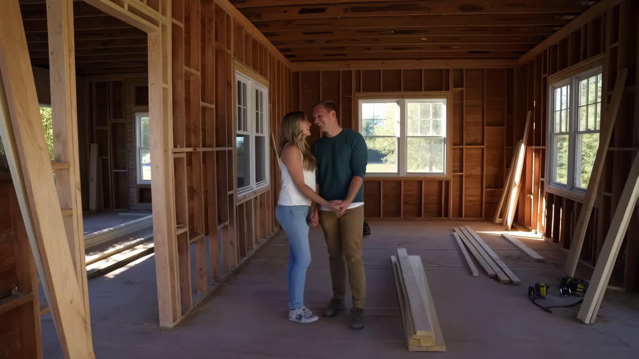 Happy Couple Inside Their New Home Under Construction