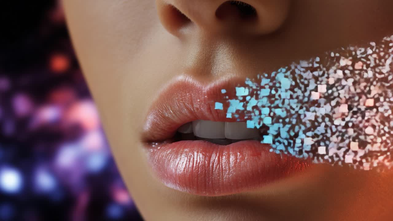 Trasformazione Eterea: Un Primo Piano di Labbra che si Trasformano in Particelle Digitali su uno Sfondo Astratto Colorato che Rappresenta la Fusione tra Bellezza e Tecnologia.