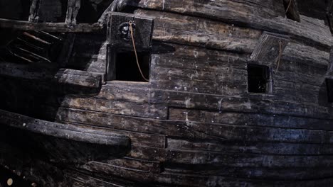 Close-up-view-of-spots-where-cannons-were-installed-in-the-wrecked-swedish-warship-Vasa-built-during-1626-in-1628,-located-in-Vasa-museum,-Stockholm,-Sweden