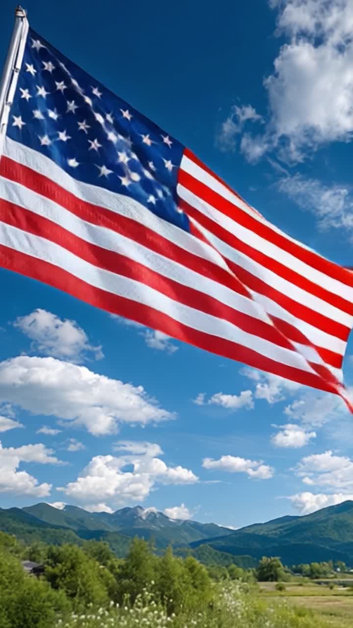 Una vibrante bandiera americana sventola con orgoglio sotto un cielo brillante e una maestosa catena montuosa, simboleggiando libertà e patriottismo in un paesaggio pittoresco