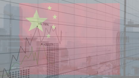 animación de la bandera de china y procesamiento de datos sobre el paisaje urbano