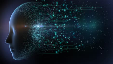 high quality animated graphical concept design depicting emerging technology with firing neurons in circuitry, and flowing particles from ai brain, with space for you own text, in blue color scheme