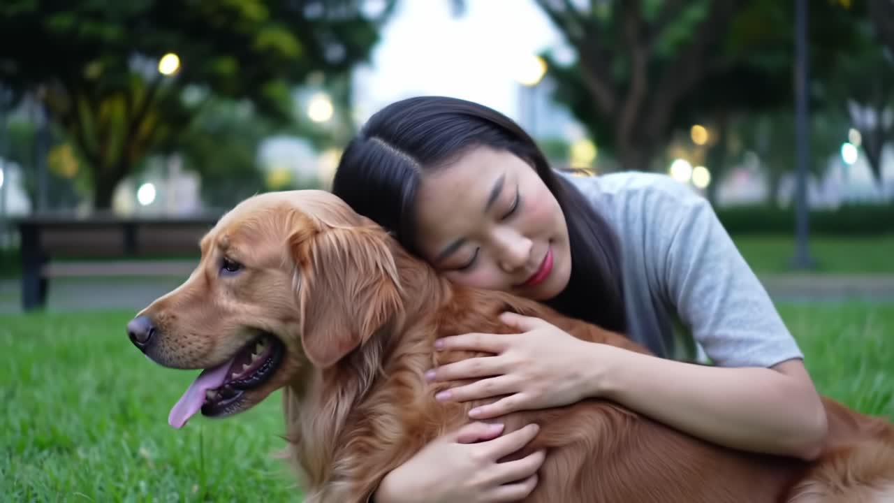 A Heartwarming Moment of Connection: A Young Woman Embracing Her Beloved Golden Retriever in a Serene Park Setting