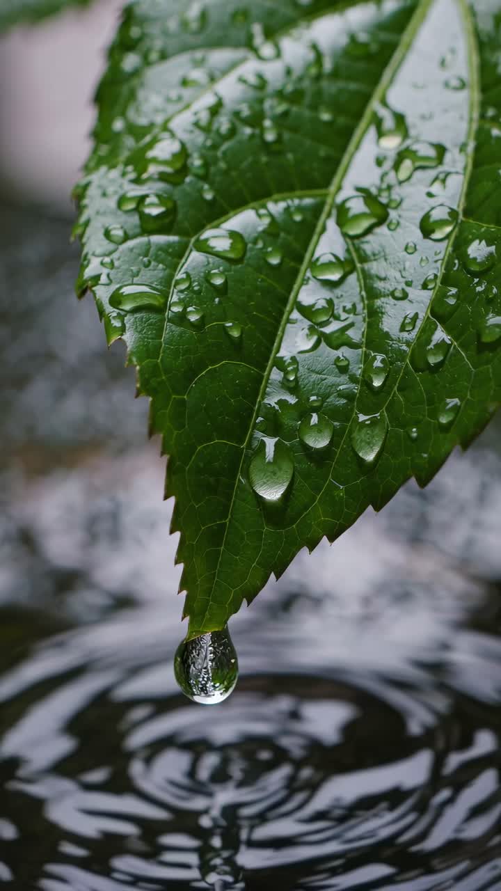 Close-up video of a leaf with water droplets, shot from a low angle
