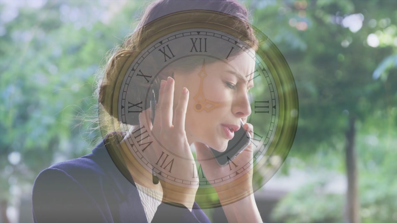 Executive receiving time-sensitive phone call, showing concern then relief, clock overlay moving