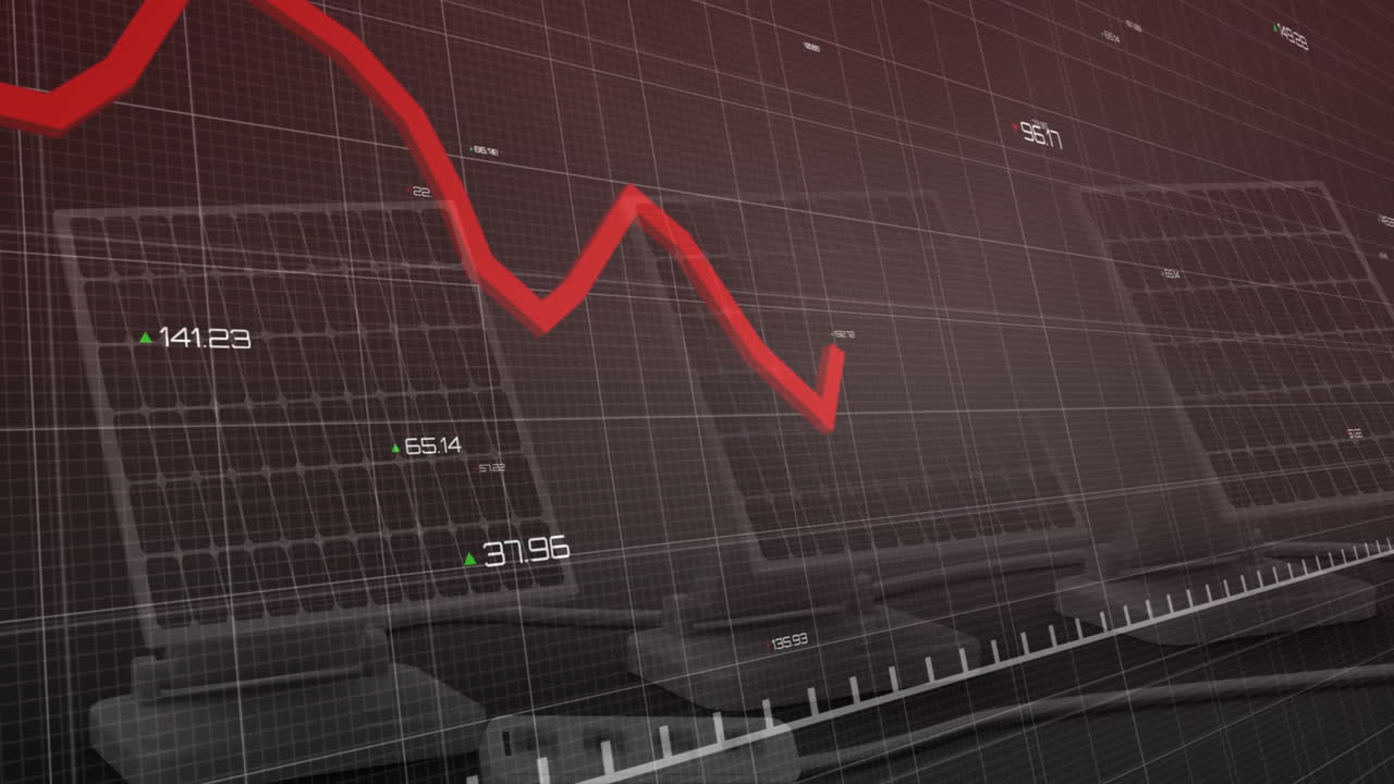 Animation of red line graph fluctuating over computer keyboard in school setting