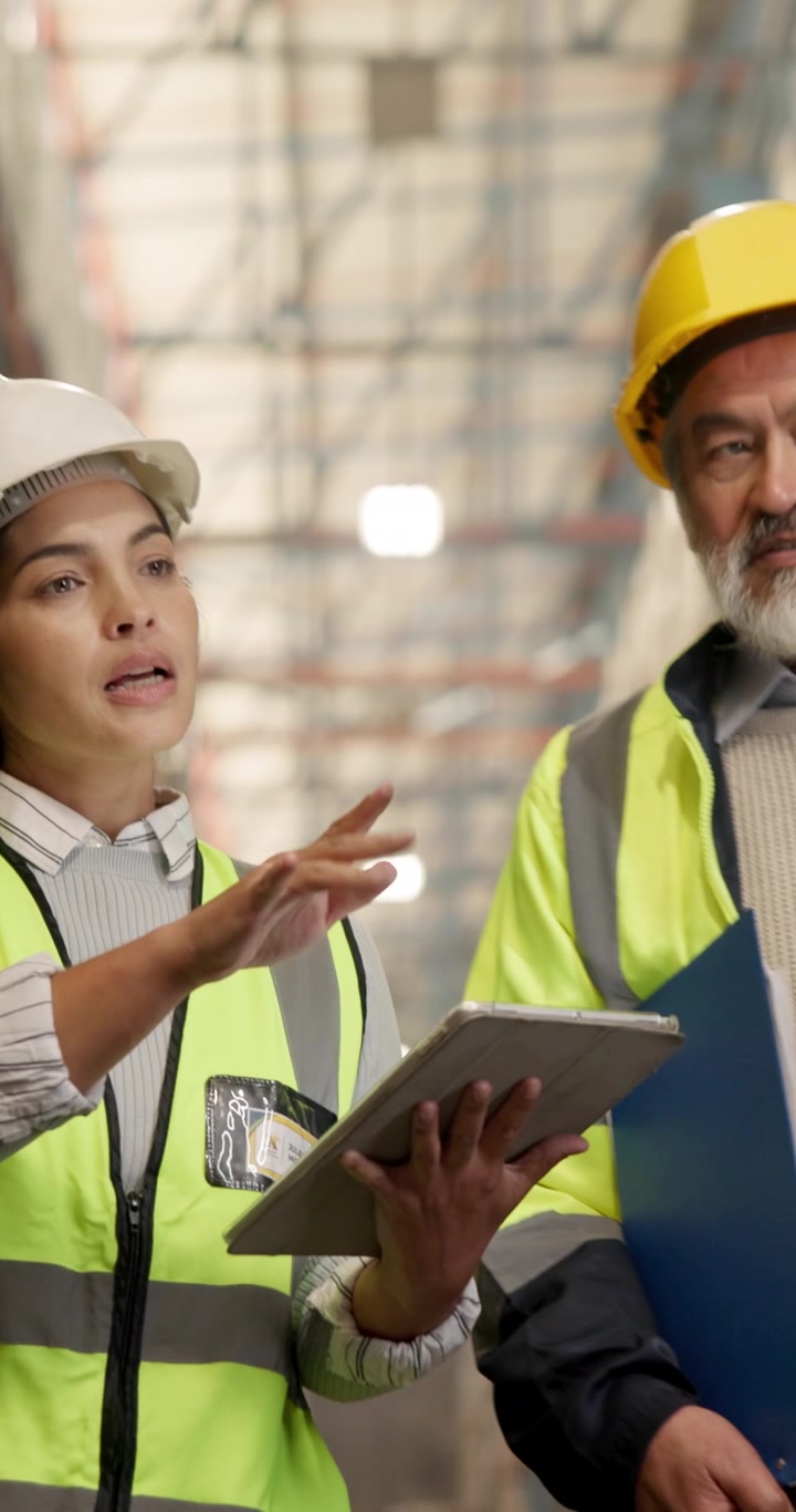 Warehouse Managers Discussing Logistics Using Digital Tablet