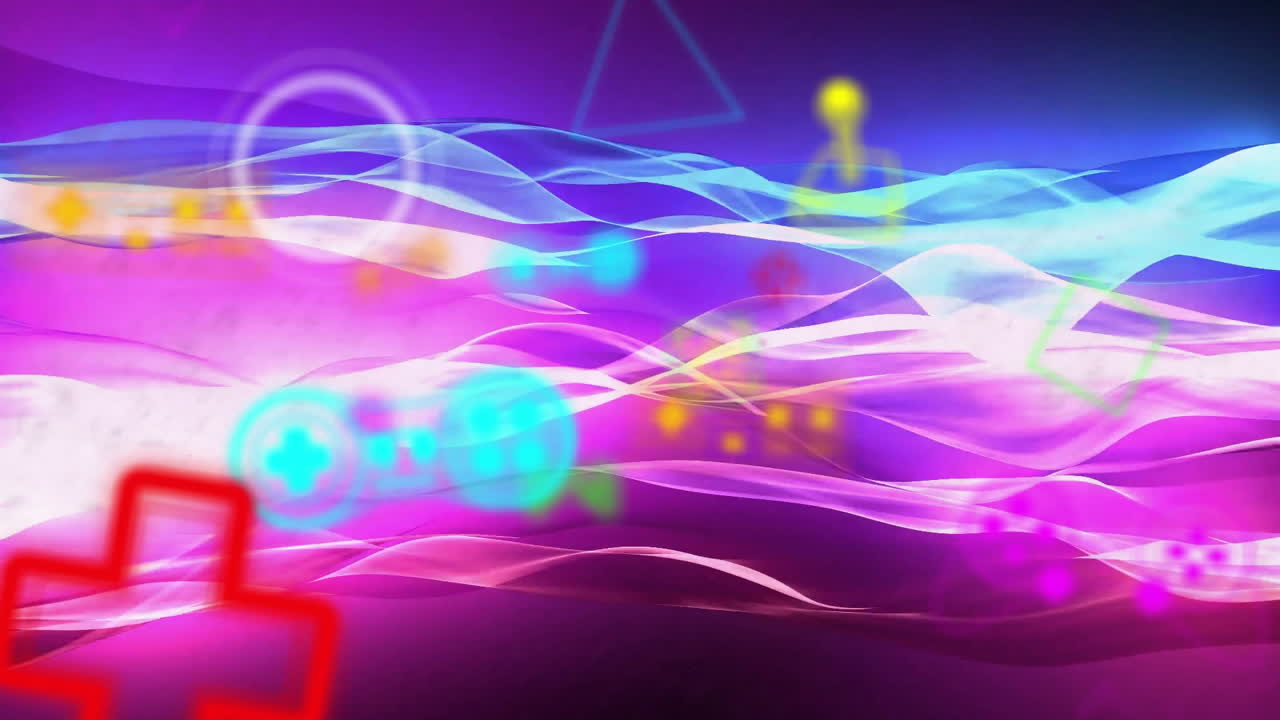 animazione di forme geometriche e console di gioco su onde dinamiche illuminate